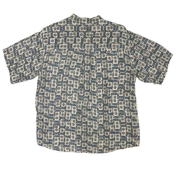 Vtg‎ 90s Button Up Mens Size XL 100% Silk Band Collar Batik Print Cabana Friends - Picture 2 of 8